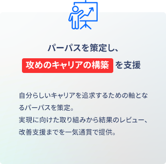 パーパスを策定し、攻めのキャリアの構築を支援 自分らしいキャリアを追求するための軸となるパーパスを策定。実現に向けた取り組みから結果のレビュー、改善支援までを一気通貫で提供。