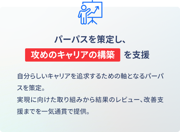 パーパスを策定し、攻めのキャリアの構築を支援 自分らしいキャリアを追求するための軸となるパーパスを策定。実現に向けた取り組みから結果のレビュー、改善支援までを一気通貫で提供。