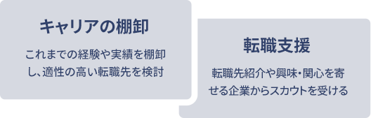 キャリアの棚卸
										これまでの経験や実績を棚卸し、適性の高い転職先を検討
										転職支援
										転職先紹介や興味・関心を寄せる企業からスカウトを受ける