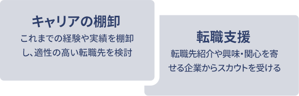 キャリアの棚卸
										これまでの経験や実績を棚卸し、適性の高い転職先を検討
										転職支援
										転職先紹介や興味・関心を寄せる企業からスカウトを受ける